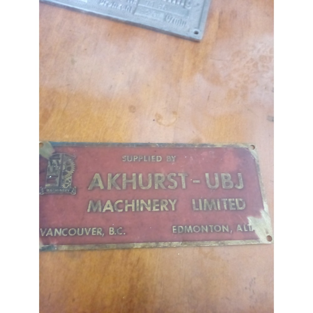 Antique Vintage The Alhurst-ubj Machinery Co. Brass Plaque Sign